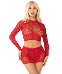 LEG AVENUE - SHINY NET CROP + MINI SKIRT RED