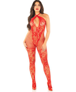 LEG AVENUE - FLOWER PRINT MESH BODYSTOCKING RED ONE SIZE