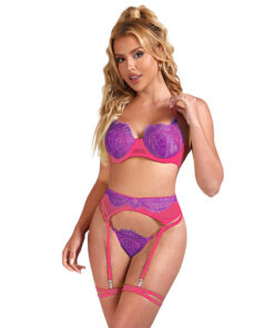 SUBBLIME - 955366 BRA SET WITH LACE AND GARTER LINES PINK AND PURPLE L/XL