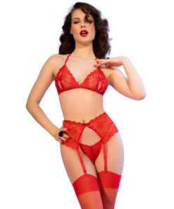 CHILIROSE - CR 4848 SET SUJETADOR + TANGA + MEDIAS DE ENCAJE ROJO S