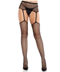 LEG AVENUE - LACE STOCKINGS WITH CROSS AND GARTER BELT BLACK