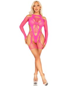 LEG AVENUE - FISHNET BODYSTOCKING WITH GARTER BELT AND HARNESS NEON PINK