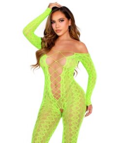 LEG AVENUE - CROTCHLESS BODYSTOCKING EXOTIC SNAKE LACE NEON GREEN