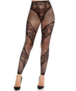 LEG AVENUE - LACE AND SHEER FOOTLESS TIGHTS BLACK