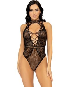 LEG AVENUE - NET AND LACE KEYHOLE HALTER BODYSUIT ONE SIZE