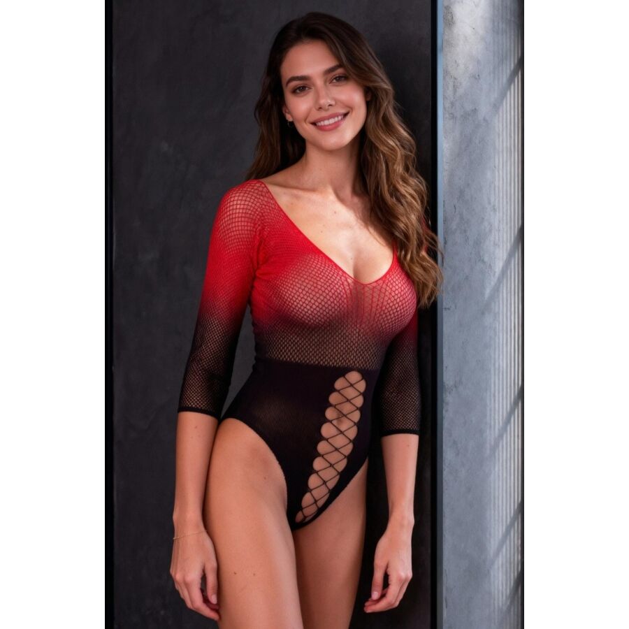 PASSION - BS118 BLACK AND RED MESH BODYSTOCKING - Bild 2